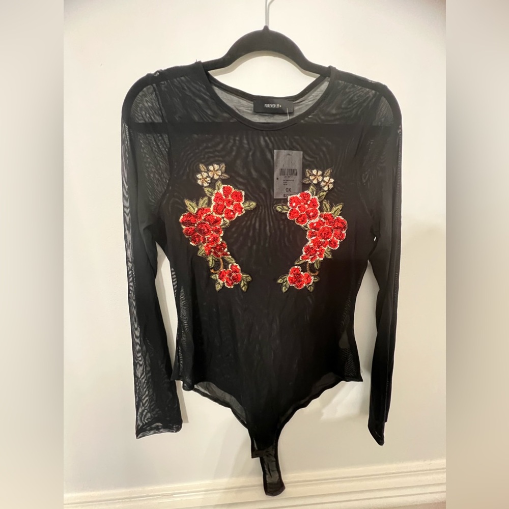 Sheer long sleeve bodysuit, plus size (0X), black, floral sequin red print